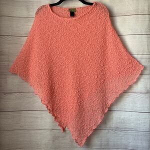 Midnight Velvet Coral Pink Popcorn Knit Poncho Sheer Sequins Size Large